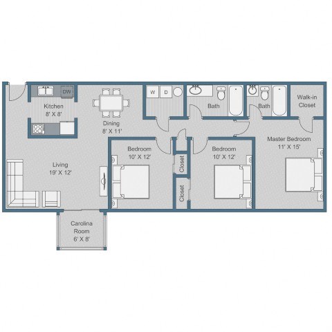 Floor plan for 3 beds, 2 baths, 1336 sqft